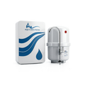 Aqua Solutions water purifier system featuring a white rectangular control box with blue wave and droplet graphics, alongside a white cylindrical pressure tank with a curved chrome faucet and red pressure gauge.