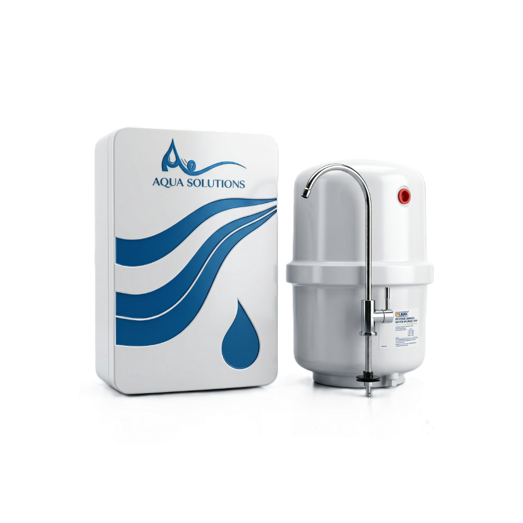 Aqua Solutions water purifier system featuring a white rectangular control box with blue wave and droplet graphics, alongside a white cylindrical pressure tank with a curved chrome faucet and red pressure gauge.